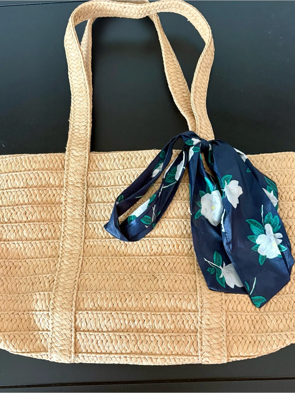 Draper James Tan Woven Tote with Navy Floral Scarf